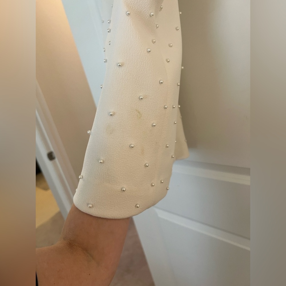 Rebecca Vallance White bow Mini Dress Puff Sleeves pearls bride size 2, 4 stains - Picture 8 of 16